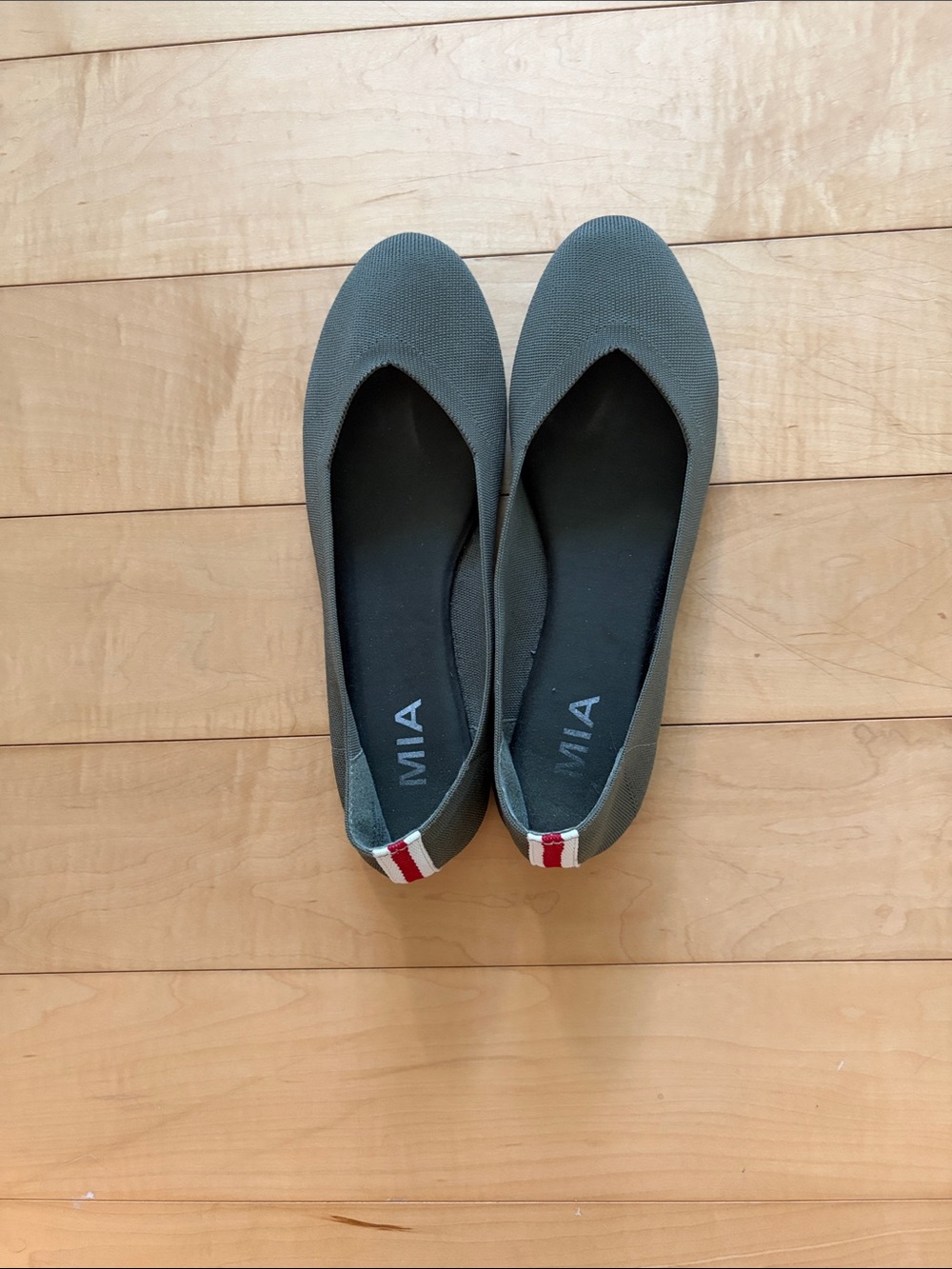 MIA Olive Green Slip-On Knit Ballet Flats with Red-White Heel Tab